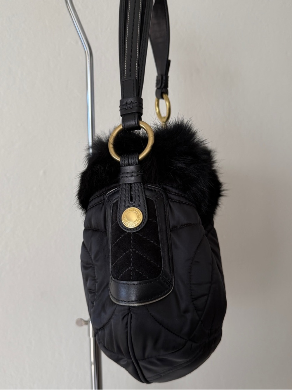 Vintage Coach Quilted Ski Hobo Black Rabbit Fur Handbag - Picture 7 of 14